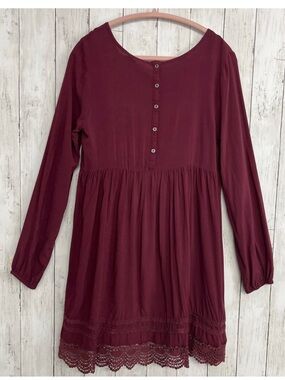 Roxy Burgundy Long-Sleeve Lace-Hem Casual Dress Size Large